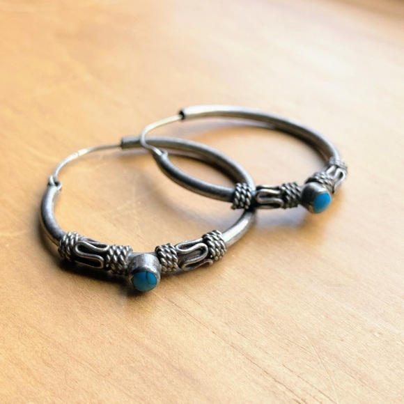 Vintage Large Turquoise Sterling Silver 925 Bali Style Inlay Hoop Post Earrings - Picture 14 of 16